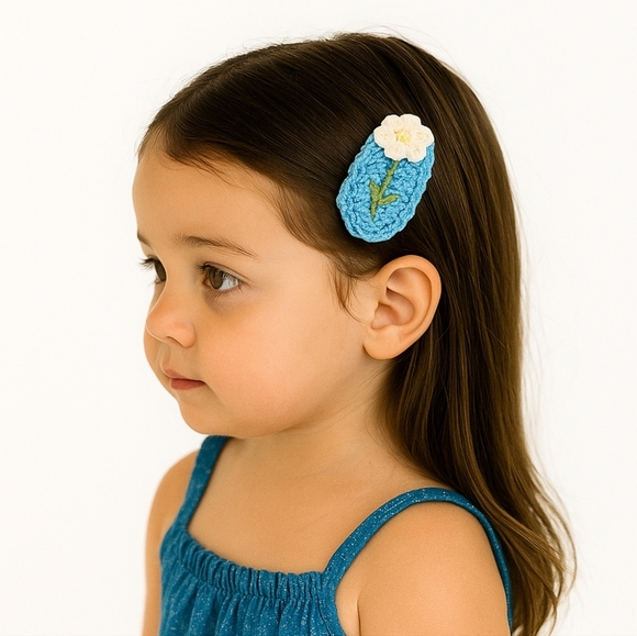 Hand Crafted Hand Knit Crochet Snap Hair Clip Blue with White Flower Boho Style - Picture 1 of 17
